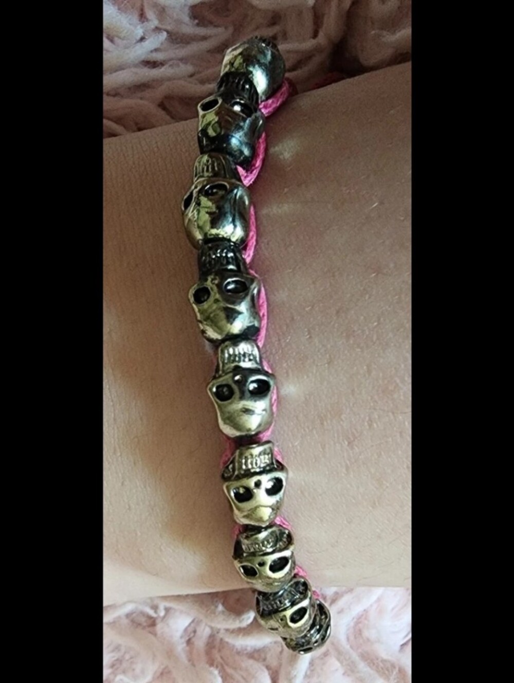 Skull Adjustable Pewter Tone Unisex Bracelet with Pink Strap